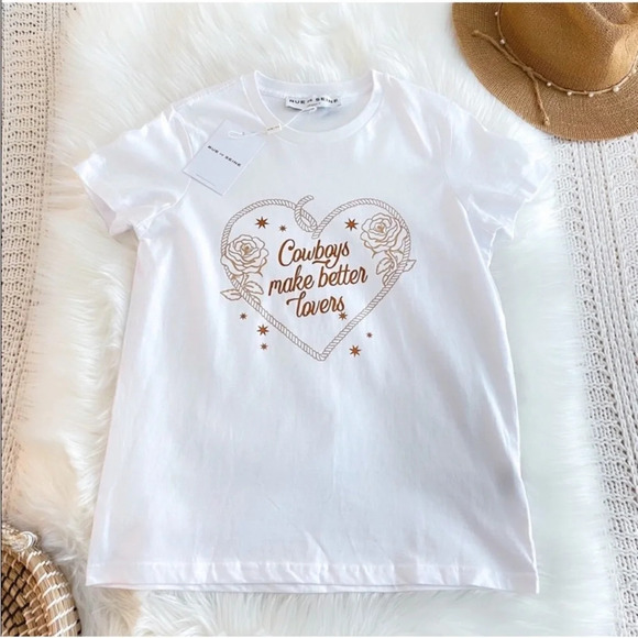 Rue de Seine Cowboys Make Better Lovers Tee White Brown Bridal Crewneck NWT S - Picture 5 of 15